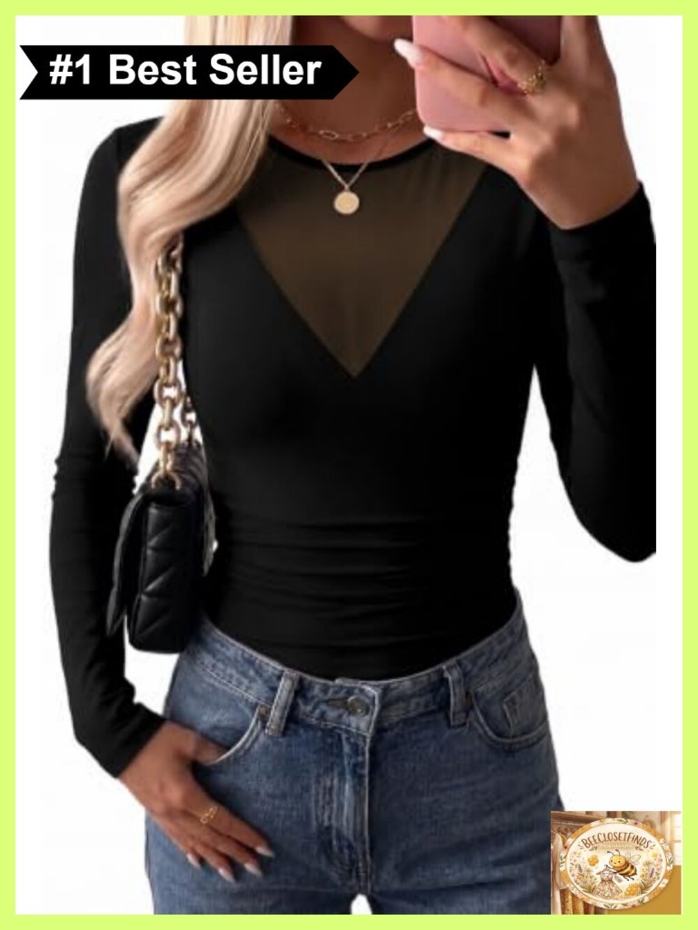 Women's Mesh Long Sleeve Top Slim Fit Pullover V-Neck